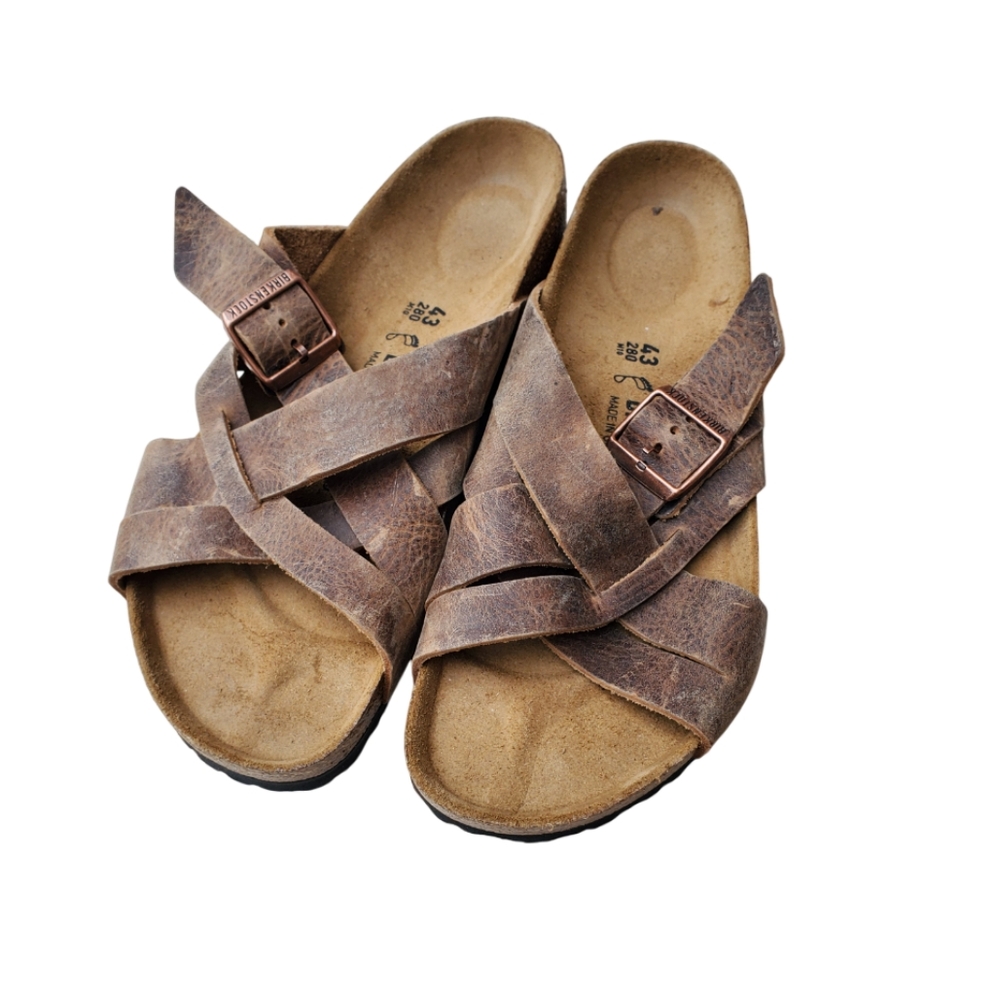 Birkenstock Men's Brown Distressed Leather Crisscross Sandals
